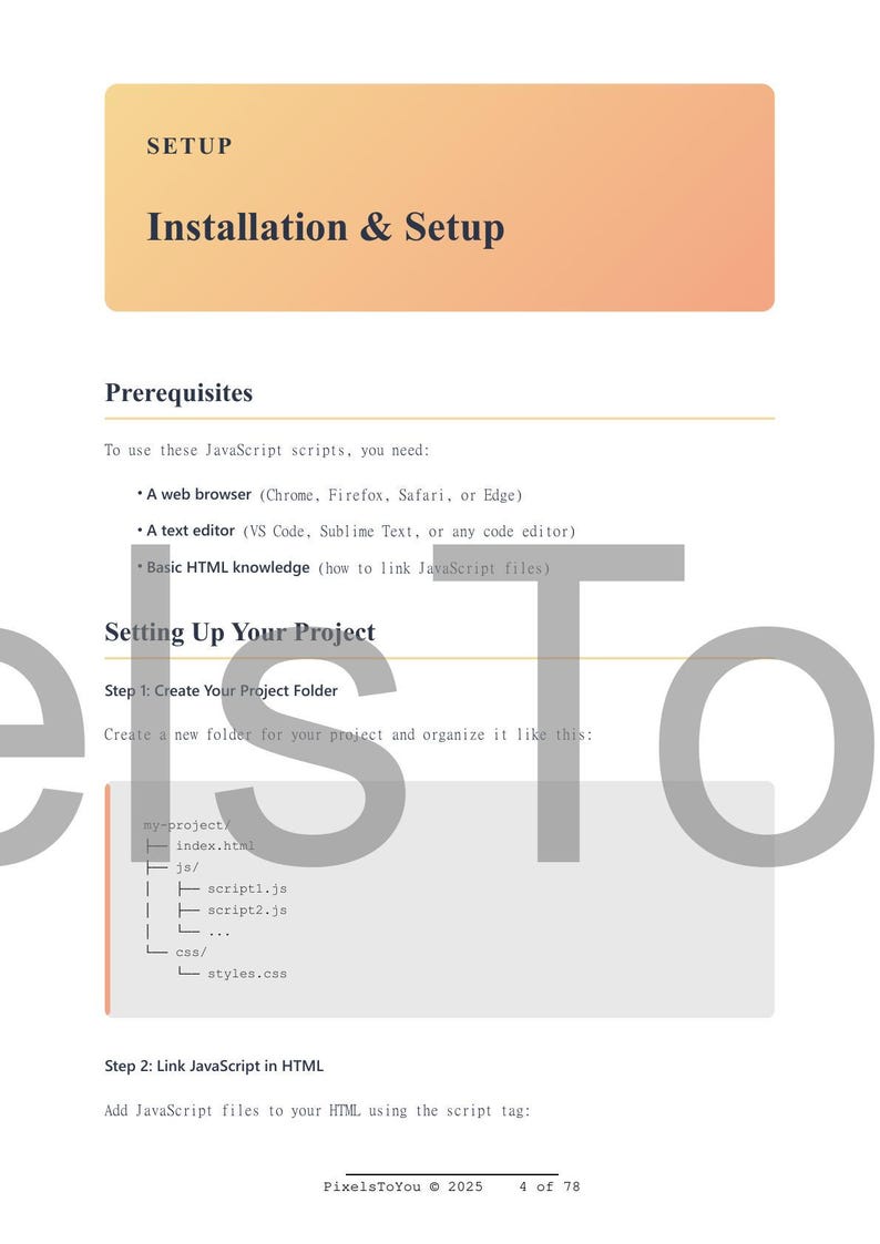 May include: A webpage titled "Installation & Setup" with instructions for setting up a project. It includes prerequisites like a web browser and text editor, and steps to create a project folder and link JavaScript files.