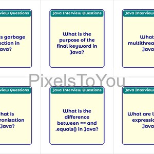 K&ouml;nnte beinhalten: Sechs Karteikarten mit Java-Interviewfragen. Jede Karte hat einen hellgelben Hintergrund mit einem dunkelblauen Rand. Oben auf jeder Karte steht "Java Interview Questions" in einem gr&uuml;nen Feld. Fragen umfassen Garbage Collection und Lambda-Ausdr&uuml;cke.