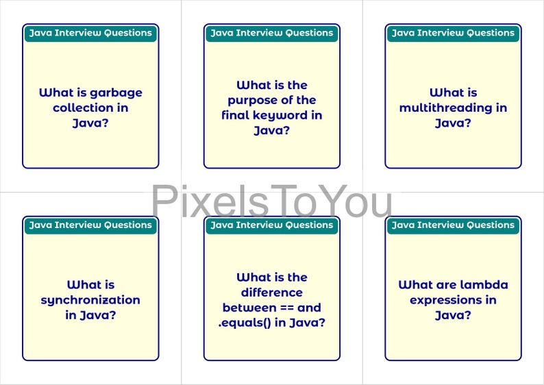 K&ouml;nnte beinhalten: Sechs Karteikarten mit Java-Interviewfragen. Jede Karte hat einen hellgelben Hintergrund mit einem dunkelblauen Rand. Oben auf jeder Karte steht "Java Interview Questions" in einem gr&uuml;nen Feld. Fragen umfassen Garbage Collection und Lambda-Ausdr&uuml;cke.