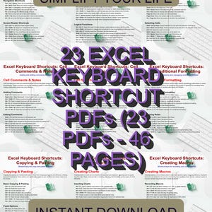 May include: A digital download featuring Excel keyboard shortcuts. The image displays various shortcuts for accessibility, navigation, and formatting, with the text "SIMPLIFY YOUR LIFE" and "23 EXCEL KEYBOARD SHORTCUT PDFs (23 PDFs - 46 PAGES)". The image also includes the text "INSTANT DOWNLOAD".