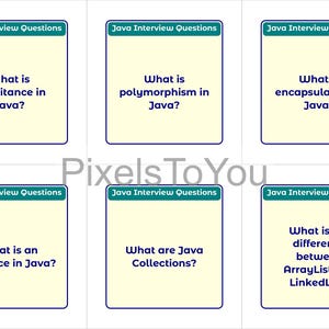 K&ouml;nnte beinhalten: Sechs Karteikarten mit Java-Interviewfragen. Jede Karte hat einen hellgelben Hintergrund mit blauem Rand und dem Text "Java Interview Questions" oben. Zu den Fragen geh&ouml;ren "Was ist Vererbung in Java?" und "Was ist Polymorphie in Java?"