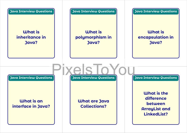 K&ouml;nnte beinhalten: Sechs Karteikarten mit Java-Interviewfragen. Jede Karte hat einen hellgelben Hintergrund mit blauem Rand und dem Text "Java Interview Questions" oben. Zu den Fragen geh&ouml;ren "Was ist Vererbung in Java?" und "Was ist Polymorphie in Java?"