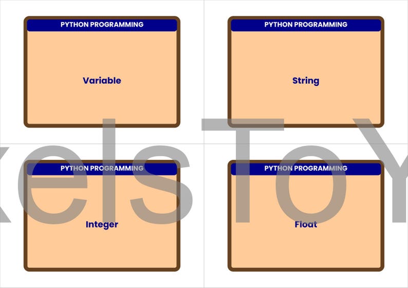 May include: Four rectangular cards with brown borders and tan interiors. Each card has the text "PYTHON PROGRAMMING" in a blue banner at the top. The cards display the words "Variable", "String", "Integer", and "Float".