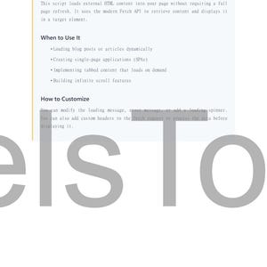 May include: White page with text describing a script that loads external HTML content. The text includes sections on what the script does, when to use it, and how to customize it. The text is in black font.