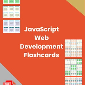 Könnte beinhalten: Auf orangefarbenem Hintergrund steht "JavaScript Web Development Flashcards". Das Bild zeigt Karteikarten in Grün, Gelb und Blau, mit "3 Print Options" oben rechts. Ein PDF-Symbol befindet sich unten links.