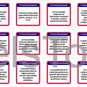May include: Flash cards for Python programming concepts. Each card has a red border and blue header with the text "PYTHON PROGRAMMING". The cards define data types, functions, and other programming elements.