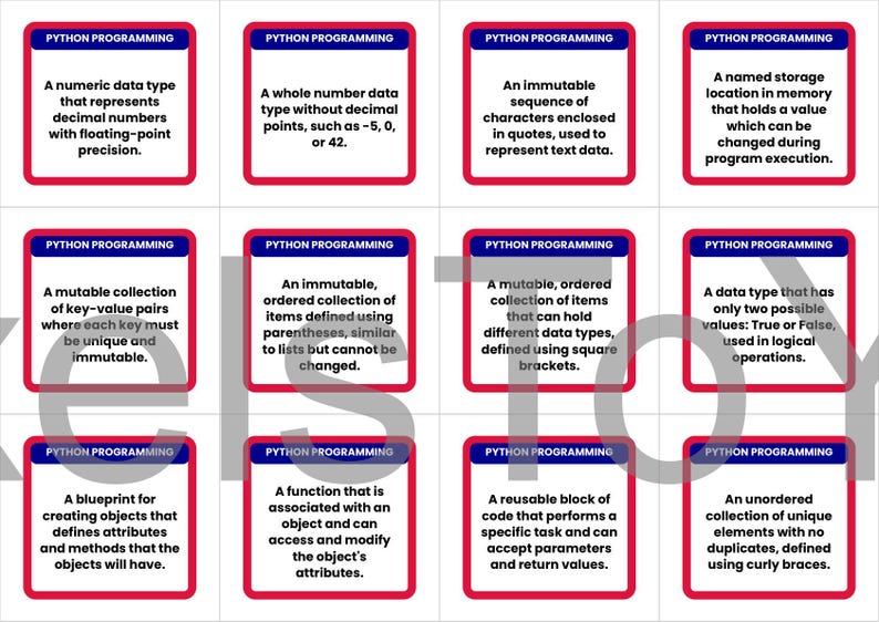 May include: Flash cards for Python programming concepts. Each card has a red border and blue header with the text "PYTHON PROGRAMMING". The cards define data types, functions, and other programming elements.