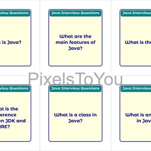 K&ouml;nnte beinhalten: Sechs Karteikarten mit dem Text "Java Interview Questions" oben. Jede Karte enth&auml;lt eine Frage zur Java-Programmierung: "Was ist Java?", "Was sind die Hauptmerkmale von Java?", "Was ist die JVM?", "Was ist der Unterschied zwischen JDK und JRE?", "Was ist eine Klasse in Java?" und "Was ist ein Objekt in Java?"