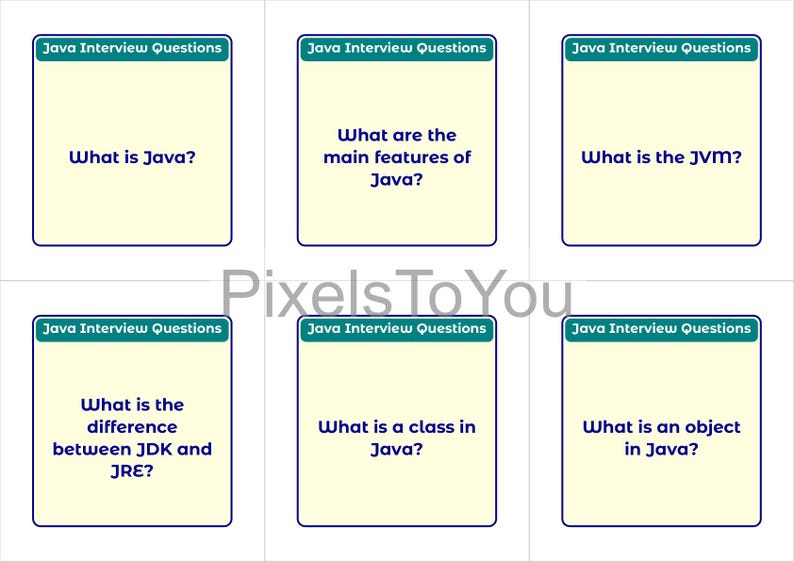 K&ouml;nnte beinhalten: Sechs Karteikarten mit dem Text "Java Interview Questions" oben. Jede Karte enth&auml;lt eine Frage zur Java-Programmierung: "Was ist Java?", "Was sind die Hauptmerkmale von Java?", "Was ist die JVM?", "Was ist der Unterschied zwischen JDK und JRE?", "Was ist eine Klasse in Java?" und "Was ist ein Objekt in Java?"