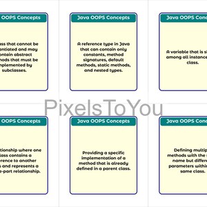 Op de afbeelding: Zes flashcards met de titel "Java OOPS Concepts" in een turquoise banner. Elke kaart heeft een andere definitie met betrekking tot Java-programmering, zoals "Een klasse die niet kan worden ge&iuml;nstantieerd..." en "Een variabele die wordt gedeeld..."