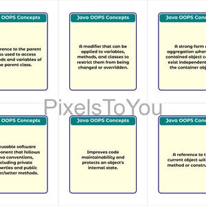 Op de afbeelding: Zes flashcards met de tekst "Java OOPS Concepts" bovenaan. Elke kaart bevat een definitie met betrekking tot Java-programmering, zoals "Een verwijzing naar de bovenliggende klasse die wordt gebruikt om toegang te krijgen tot methoden en variabelen van de bovenliggende klasse."