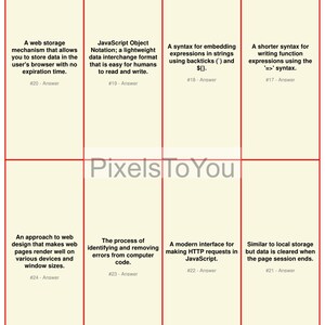 May include: Eight rectangular cards with red borders and white text on a beige background. The cards present information on web development topics, including JavaScript and web design principles.