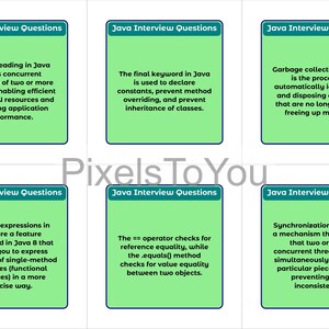 K&ouml;nnte beinhalten: Sechs gr&uuml;ne Karten mit wei&szlig;em Text auf wei&szlig;em Hintergrund. Jede Karte tr&auml;gt den Titel "Java Interview Questions". Die Karten enthalten Informationen zu Java-Programmierkonzepten wie Multithreading und Garbage Collection.