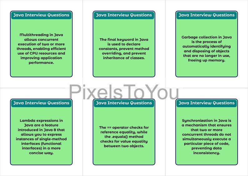 K&ouml;nnte beinhalten: Sechs gr&uuml;ne Karten mit wei&szlig;em Text auf wei&szlig;em Hintergrund. Jede Karte tr&auml;gt den Titel "Java Interview Questions". Die Karten enthalten Informationen zu Java-Programmierkonzepten wie Multithreading und Garbage Collection.