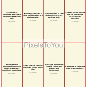 May include: A set of flashcards with programming terms and definitions. Each card has a definition and a number. The cards are arranged in a grid with a light beige background and red borders. The text "Pixels To You" is in the centre.