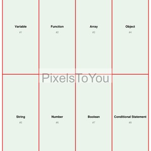 May include: An illustrated grid featuring programming terms: Variable, Function, Array, Object, String, Number, Boolean, and Conditional Statement. The text "Pixels To You" is displayed in the center of the image.