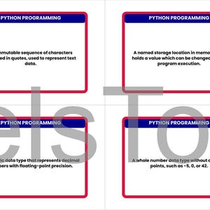 May include: Four cards with definitions related to Python programming. Each card has a blue header with the text "PYTHON PROGRAMMING" and a red border. The definitions include text data, memory locations, numeric data types, and whole number data types.