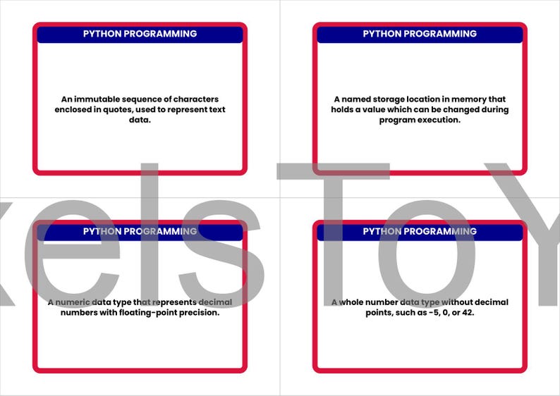 May include: Four cards with definitions related to Python programming. Each card has a blue header with the text "PYTHON PROGRAMMING" and a red border. The definitions include text data, memory locations, numeric data types, and whole number data types.