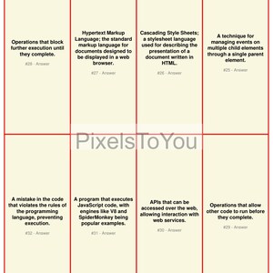 May include: A grid of flashcards with red borders and white backgrounds. Each card contains a programming term and a brief definition. The cards are labelled with numbers and the text "Pixels To You" is in the centre.