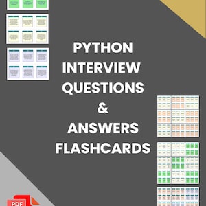 May include: A dark gray background features the text "PYTHON INTERVIEW QUESTIONS & ANSWERS FLASHCARDS" in white. The image includes examples of flashcards and a PDF icon. The top right corner says "4 PRINT OPTIONS".