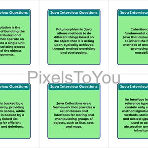 K&ouml;nnte beinhalten: Sechs Karteikarten mit gr&uuml;nen Hintergr&uuml;nden und blauen R&auml;ndern, jeweils mit der Aufschrift "Java Interview Fragen". Die Karten enthalten Text, der Java-Programmierkonzepte wie Polymorphismus und Schnittstellen erkl&auml;rt.