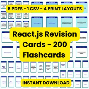 May include: A collection of 200 React.js revision flashcards presented in a grid layout. The cards feature blue headers with the text React.js Revision Cards and white backgrounds with black text explaining various React concepts and definitions.