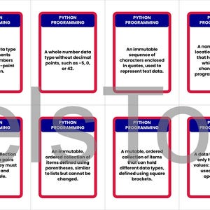 May include: Eight flashcards with red borders and the text "PYTHON PROGRAMMING" in blue. Each card defines a Python programming concept, including data types like numeric, whole number, and immutable sequences. The cards are designed for educational purposes.