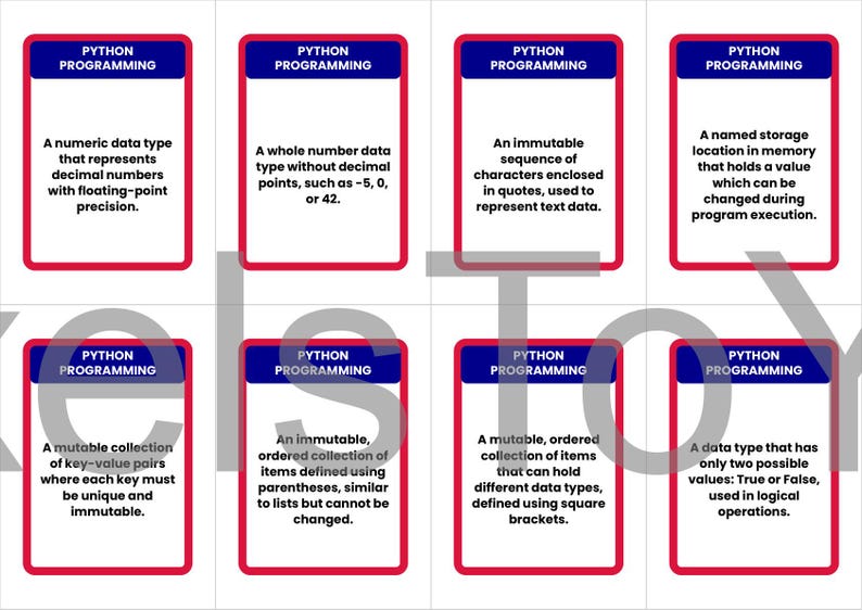 May include: Eight flashcards with red borders and the text "PYTHON PROGRAMMING" in blue. Each card defines a Python programming concept, including data types like numeric, whole number, and immutable sequences. The cards are designed for educational purposes.
