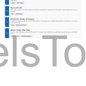 K&ouml;nnte beinhalten: Eine blau-wei&szlig;e Infografik mit dem Titel "HTML & CSS" und einer Dauer von 3 Wochen. Sie zeigt 4 Schritte: HTML-Grundlagen lernen, Stil mit CSS, Responsive Design-Techniken und Erstellen einer einfachen Webseite. Der Text "els To" ist sichtbar.