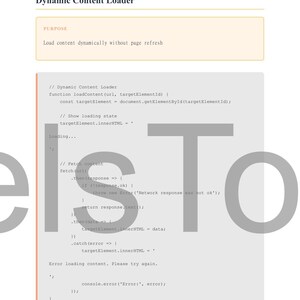 May include: A webpage screenshot with the title "Dynamic Content Loader" and code snippets. The purpose is to load content dynamically without page refresh. The text includes JavaScript code and the words "Loading..." and "Error loading content."