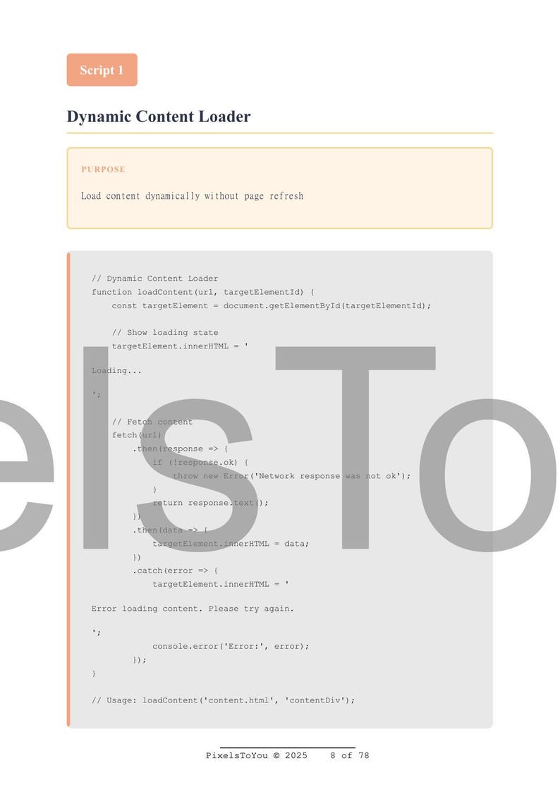 May include: A webpage screenshot with the title "Dynamic Content Loader" and code snippets. The purpose is to load content dynamically without page refresh. The text includes JavaScript code and the words "Loading..." and "Error loading content."