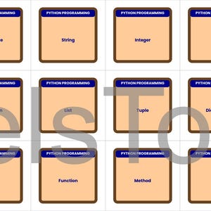 May include: A set of twelve flashcards for Python programming. Each card has a blue header with "PYTHON PROGRAMMING" and a tan background. The cards display terms like "Variable", "String", "Integer", "Float", "Boolean", "List", "Tuple", "Dictionary", "Set", "Function", "Method", and "Class".