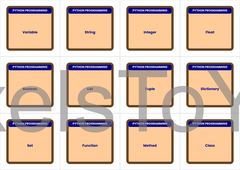 May include: A set of twelve flashcards for Python programming. Each card has a blue header with "PYTHON PROGRAMMING" and a tan background. The cards display terms like "Variable", "String", "Integer", "Float", "Boolean", "List", "Tuple", "Dictionary", "Set", "Function", "Method", and "Class".