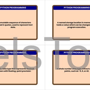 May include: Four rectangular cards with the text "PYTHON PROGRAMMING" at the top. Each card contains a definition of a programming term. The cards are tan with a dark brown border and a blue header.