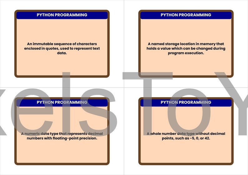 May include: Four rectangular cards with the text "PYTHON PROGRAMMING" at the top. Each card contains a definition of a programming term. The cards are tan with a dark brown border and a blue header.