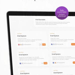 Puede incluir: Una pantalla de portátil muestra 8 plantillas de firma de correo electrónico HTML. La pantalla muestra varios diseños de firma de correo electrónico con texto e iconos. Un círculo púrpura con texto blanco dice "descarga instantánea totalmente personalizable."