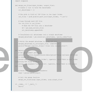 May include: A screen shows Python code for merging CSV files. The code includes import statements for pandas, os, glob, and argparse. The text is in a sans-serif font on a light background.