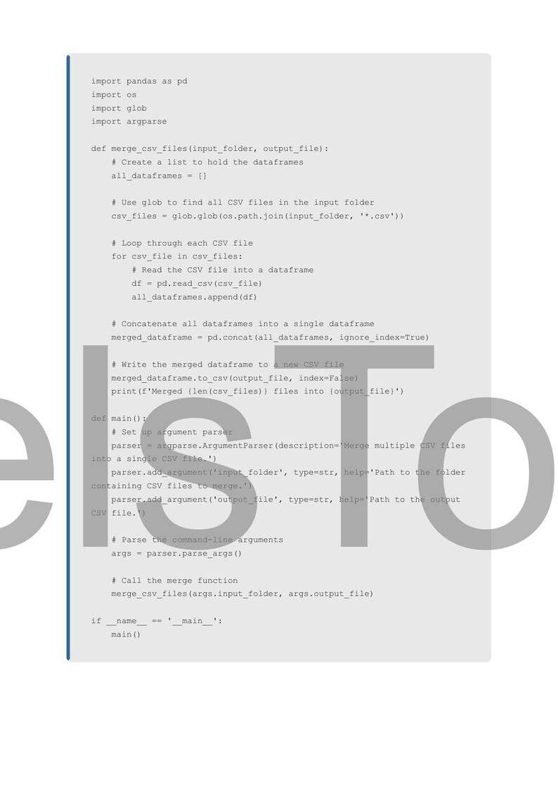 May include: A screen shows Python code for merging CSV files. The code includes import statements for pandas, os, glob, and argparse. The text is in a sans-serif font on a light background.
