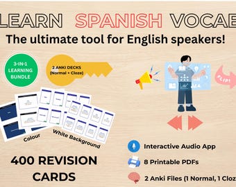 Spanish Words | Revision Cards | Flashcards for Adults | 400 Words & Phrases | Audio Pronunciation | Beginner | Digital Download