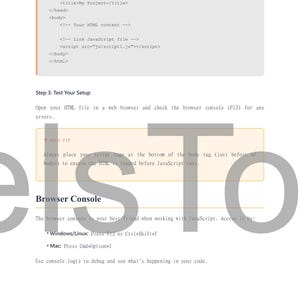 May include: A webpage screenshot showing HTML code, including tags like <head> and <body>. The text includes instructions on testing the setup and using the browser console for debugging JavaScript. The image also includes the text "PixelsToYou &copy; 2025".