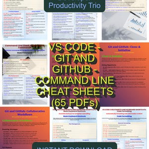 Puede incluir: Un conjunto de 65 hojas de trucos en PDF sobre comandos de línea de comandos de VS Code, Git y GitHub. La imagen presenta varias páginas con texto, incluyendo "Developer Productivity Trio" e "Instant Download."