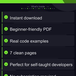 Pu&ograve; includere: Grafica con il testo "PRODUCT HIGHLIGHTS" e un elenco di funzionalit&agrave;: download immediato, PDF per principianti, esempi di codice reali, 7 pagine pulite e nessun abbonamento richiesto. Il design &egrave; scuro con accenti verdi.