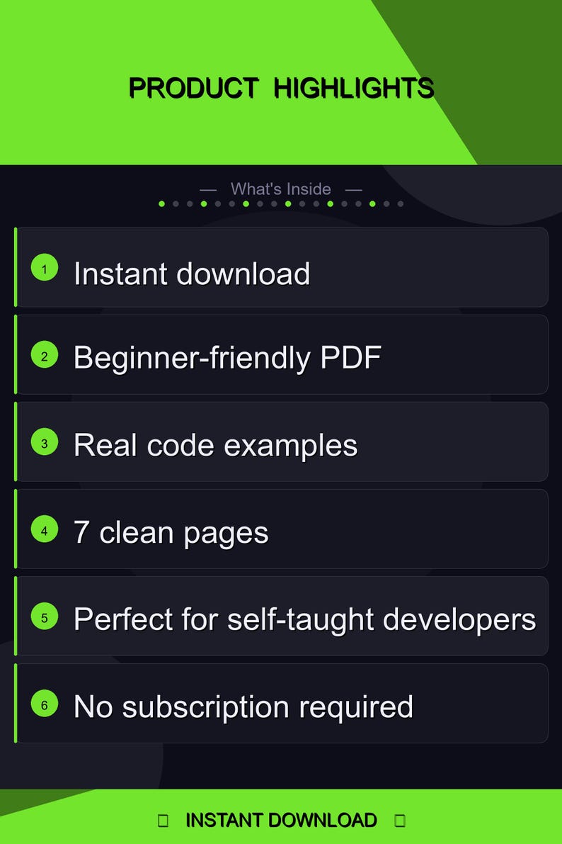 Pu&ograve; includere: Grafica con il testo "PRODUCT HIGHLIGHTS" e un elenco di funzionalit&agrave;: download immediato, PDF per principianti, esempi di codice reali, 7 pagine pulite e nessun abbonamento richiesto. Il design &egrave; scuro con accenti verdi.