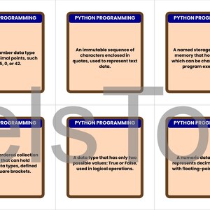 May include: Six flashcards with the title "PYTHON PROGRAMMING" at the top. Each card has a different definition of Python programming terms, such as "whole number data type" and "mutable, ordered collection."