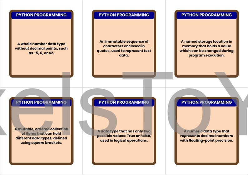 May include: Six flashcards with the title "PYTHON PROGRAMMING" at the top. Each card has a different definition of Python programming terms, such as "whole number data type" and "mutable, ordered collection."
