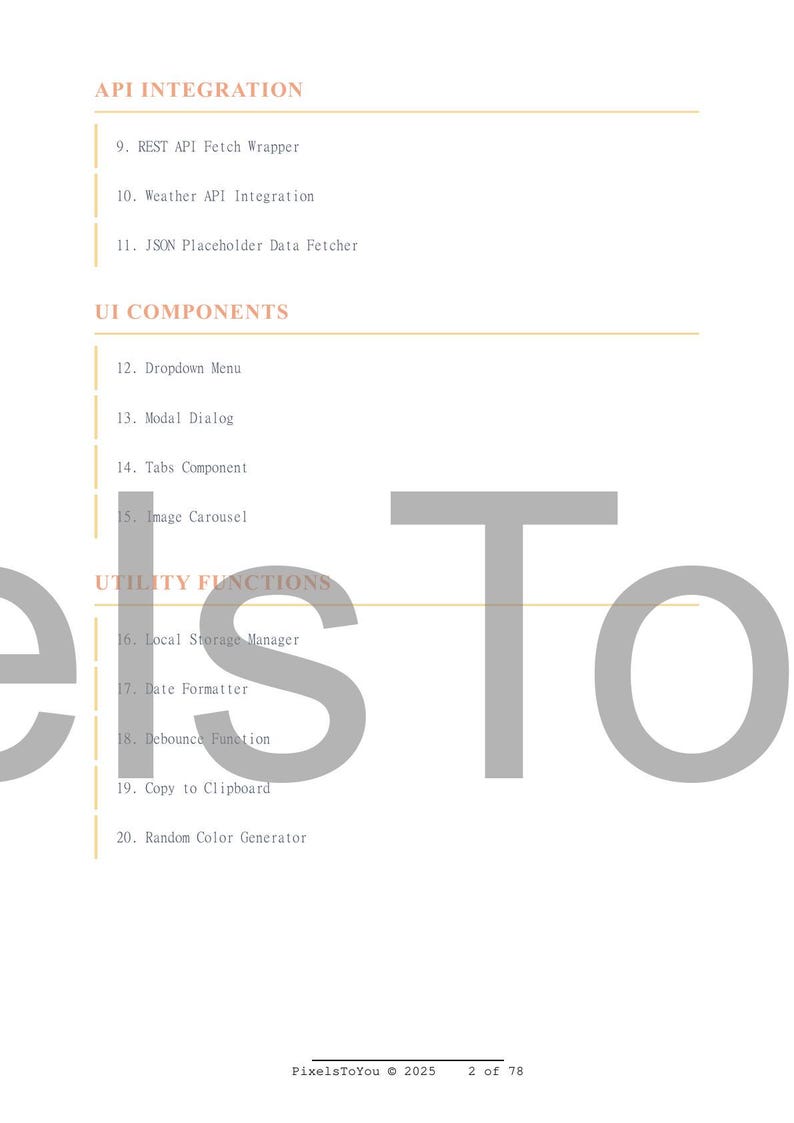 May include: A white page with text detailing API Integration, UI Components, and Utility Functions. The text includes items like "REST API Fetch Wrapper," "Dropdown Menu," and "Copy to Clipboard." The page is from PixelsToYou, 2025.