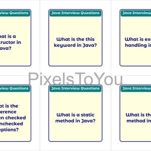 K&ouml;nnte beinhalten: Sechs Karteikarten mit Java-Interviewfragen. Jede Karte hat einen hellgelben Hintergrund mit blauem Rand und dem Text "Java Interview Questions" oben. Zu den Fragen geh&ouml;ren: Konstruktor, this-Schl&uuml;sselwort, Ausnahmebehandlung, gepr&uuml;fte Ausnahmen, statische Methode und Hauptmethode.