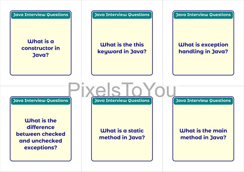 K&ouml;nnte beinhalten: Sechs Karteikarten mit Java-Interviewfragen. Jede Karte hat einen hellgelben Hintergrund mit blauem Rand und dem Text "Java Interview Questions" oben. Zu den Fragen geh&ouml;ren: Konstruktor, this-Schl&uuml;sselwort, Ausnahmebehandlung, gepr&uuml;fte Ausnahmen, statische Methode und Hauptmethode.