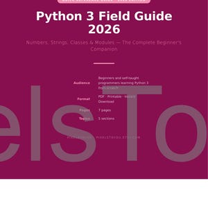 Pu&ograve; includere: Una guida digitale intitolata "Python 3 Field Guide 2026" su sfondo magenta. La guida &egrave; per principianti che imparano Python 3, con 7 pagine e 5 sezioni. La guida &egrave; disponibile come download PDF.