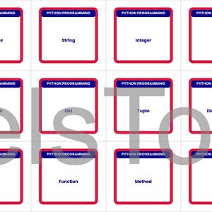 May include: A set of twelve flashcards for Python programming. Each card has a white background with a red border and the words "Python Programming" in a blue banner. The cards display terms like "Variable", "String", "Integer", and "Class".